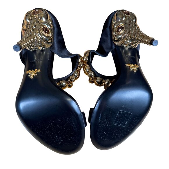 Prada Authentic Black Satin Embellished Gold Ball Mary Jane Heels Shoes Size 38 - Picture 9 of 14